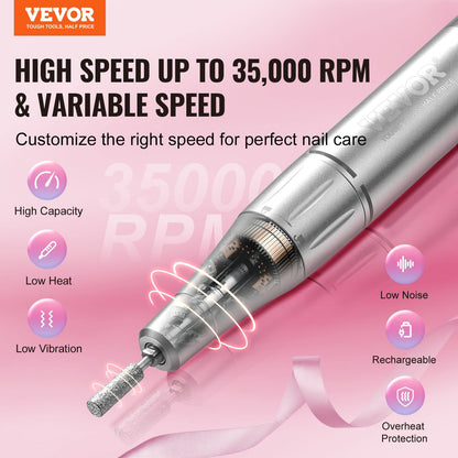 US Local VEVOR Electric Rechargeable Nail Drill, 35,000RPM Portable Cordless Nail E File Machine, LCD-Display Acrylic Gel Grinder Tool With 6 Bits And 50PCS Sanding Bands For Manicure Pedicure Carve Polish