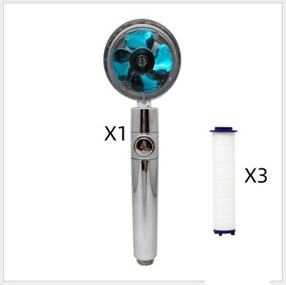 US Local Propeller Driven Shower Head With Stop Button And Cotton Filter Turbocharged High Pressure Handheld Shower Nozzle