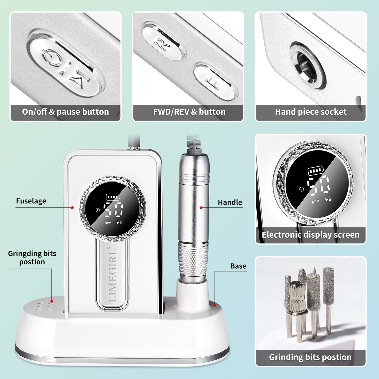 US Local Electric 45000RPM Nail Drill Machine Rechargeable Portable Nail File Electric DIY Nail Drill Kit With Smart LCD Screen For Gel Nail Manicure And Pedicure Reflective Body Etc