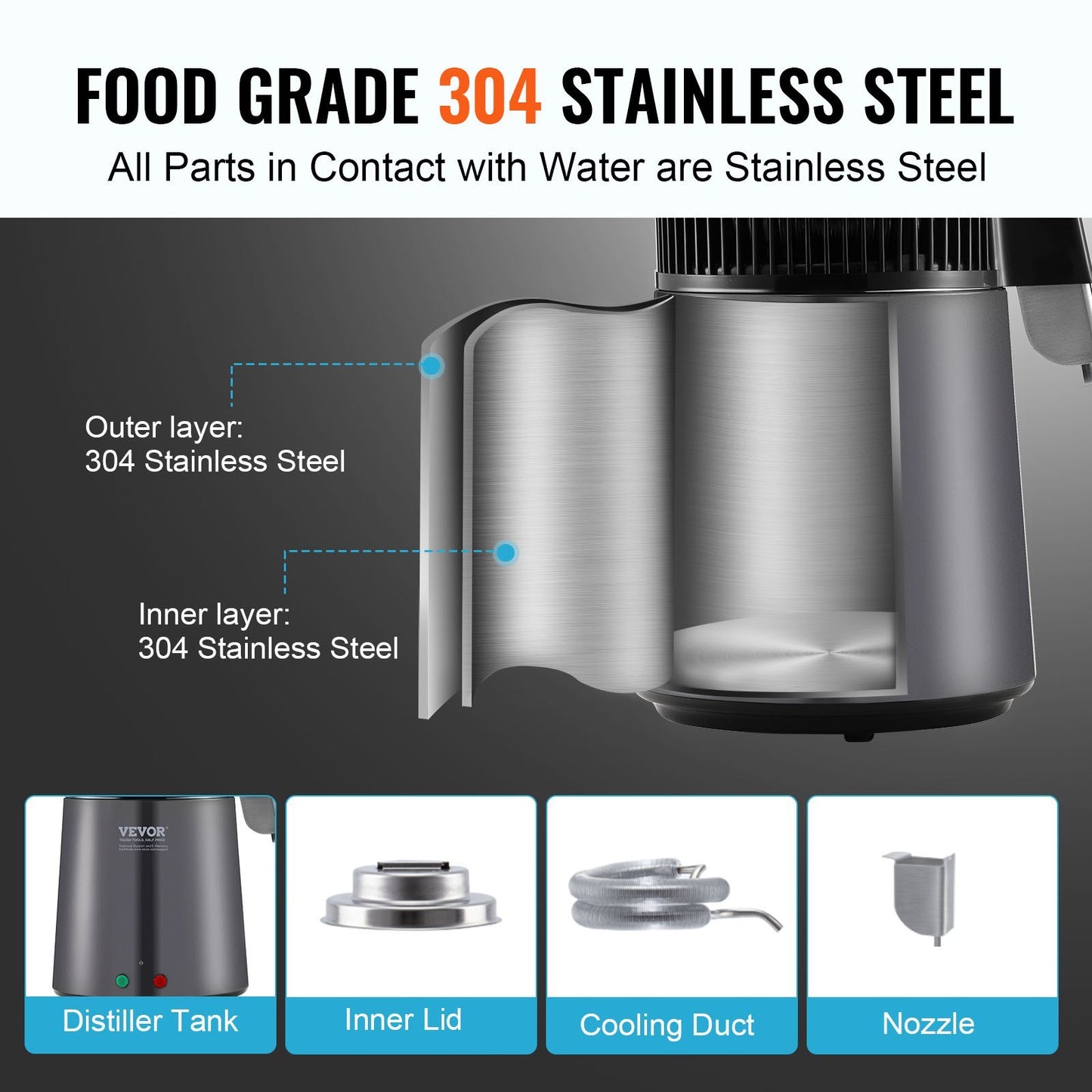 US Local Water Distiller, 4L 1.05 Gallon Pure Water Purifier Filter For Home Countertop, 750W Distilled Water Maker, Stainless Steel Interior Distiller Water Making Machine To Make Clean Water, Gray