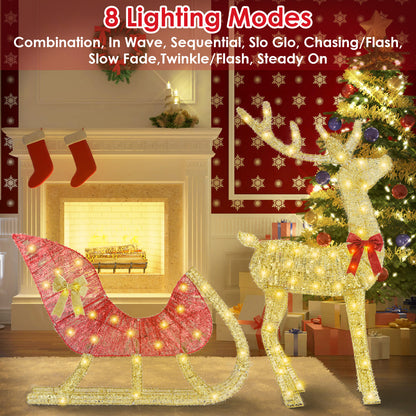 US Local 1 Pc Lighted Christmas Reindeer & Sleigh Indoor Outdoor Christmas Decoration Christmas Lighted Display With 8 Lighting Modes