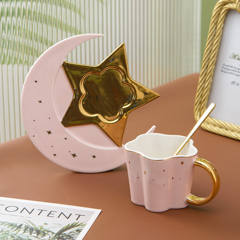 US Local Creative Ceramic Cup With Star And Moon Saucer