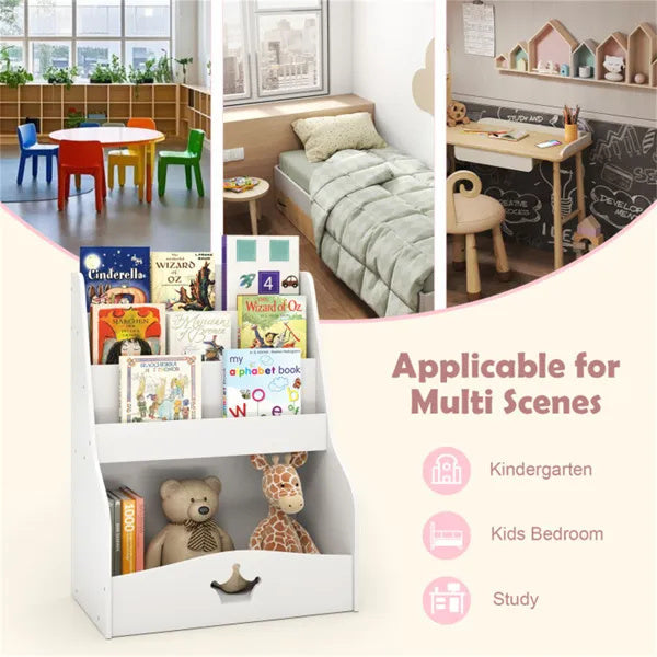 US Local Kids 3-Tier Bookshelf & Toy Storage White - Open Compartment  Hidden Back Space