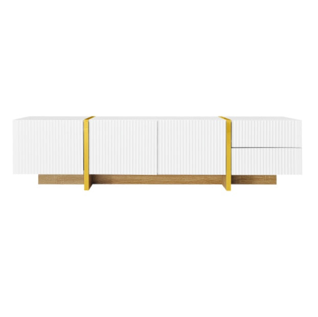 UK Local 190 Cm TV Cabinet, 3 Doors, 2 Drawers, White With Gold And Wood Grain