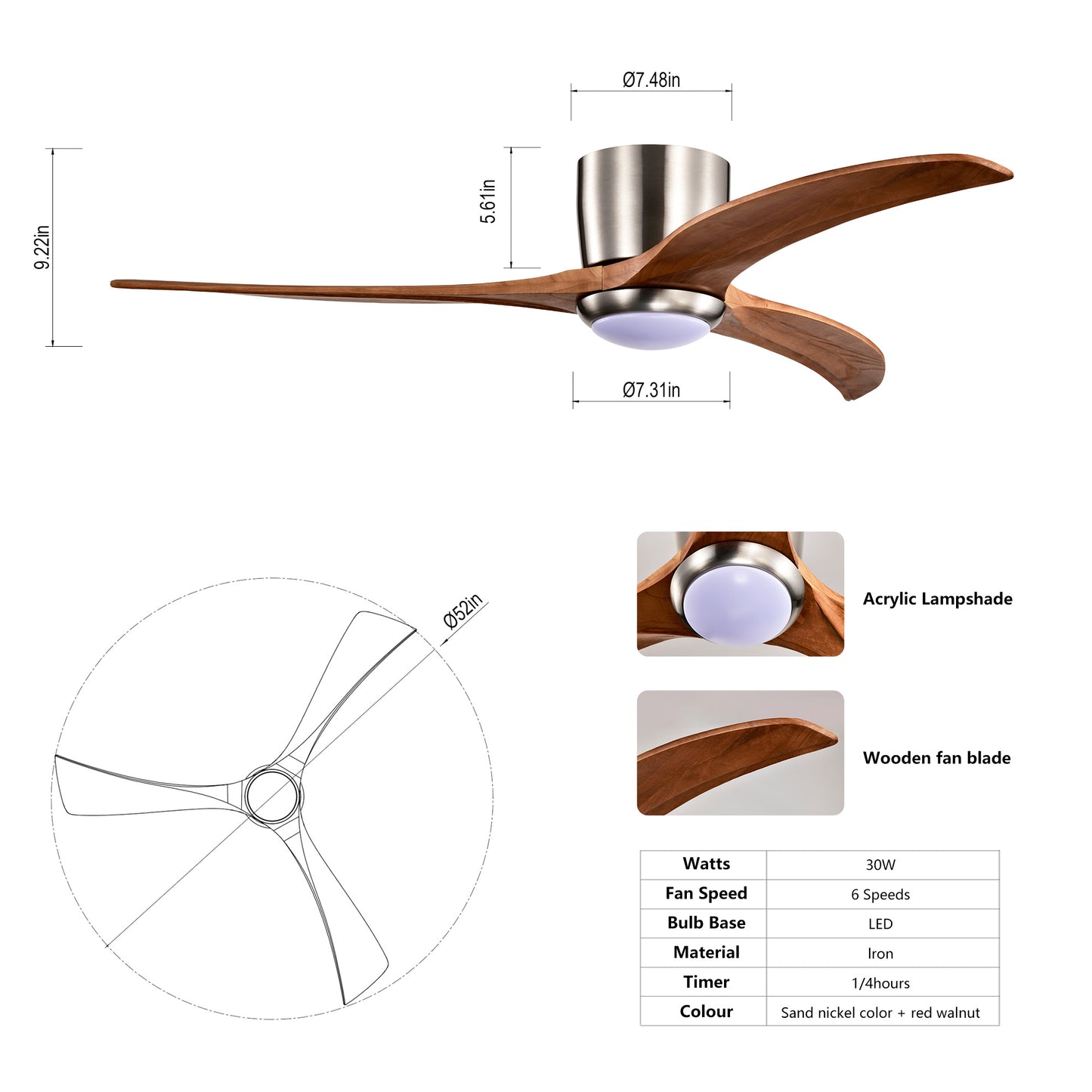 US Local 52 Inches Recessed Ceiling Fan Solid Wood Blade Ceiling Fan With Light Strip Remote Control, Noiseless Reversible Motor, 6 Speed, Suitable For Patio Living Room, Bedroom, Indoor, Nickel Color