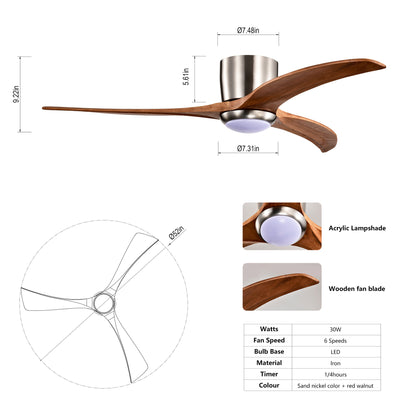 US Local 52 Inches Recessed Ceiling Fan Solid Wood Blade Ceiling Fan With Light Strip Remote Control, Noiseless Reversible Motor, 6 Speed, Suitable For Patio Living Room, Bedroom, Indoor, Nickel Color
