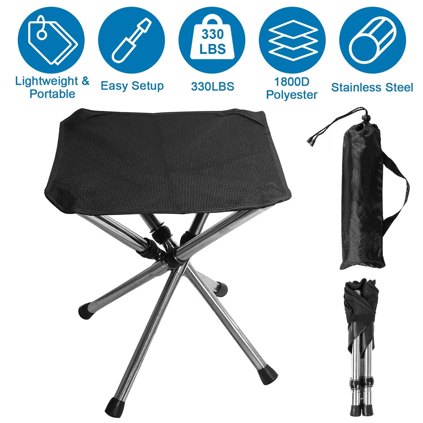 US Local 1 Pc Foldable Camping Stool Retractable Portable Folding Chair Easy Setup Lightweight Backpacking Stool Carry Bag Fishing Camping Hiking BBQ
