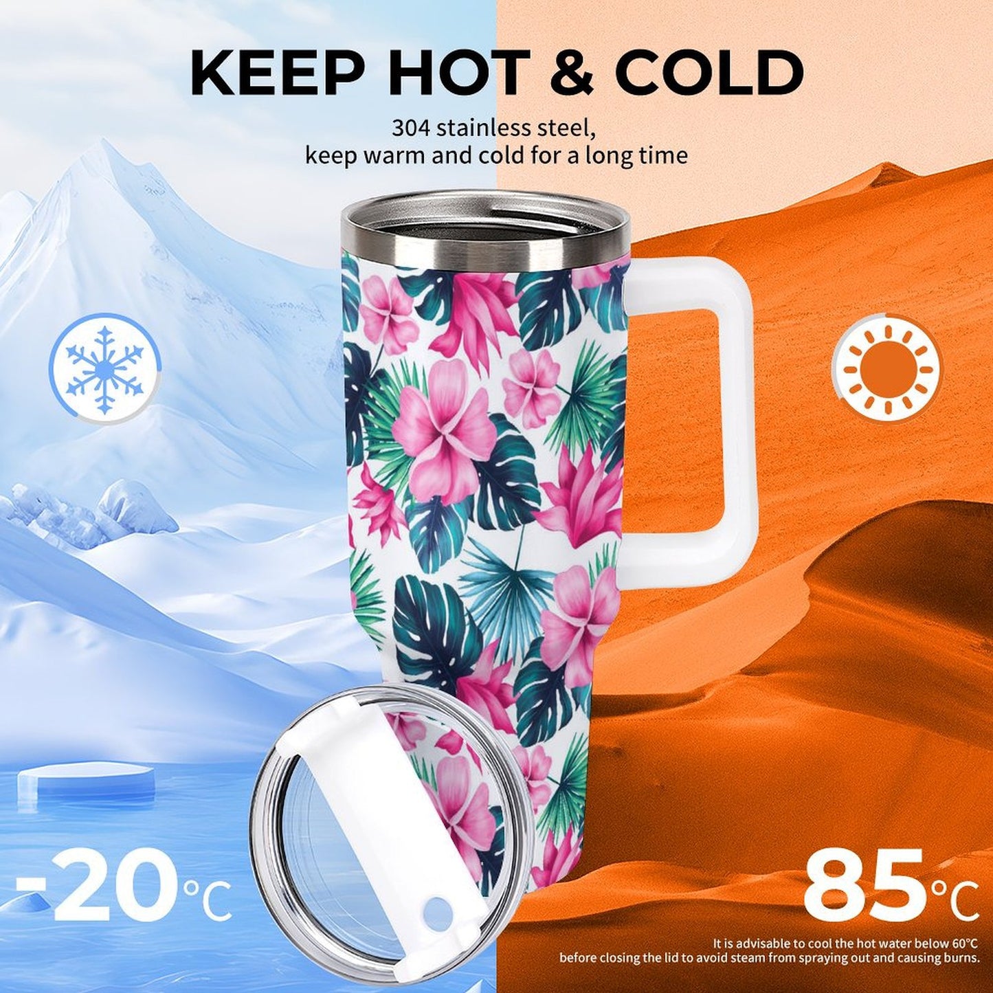 PHDT00458 POD US Local Tumbler 40 oz Large Capacity Car Cup Summer, Aqua Red, Flowers, Green Leaves