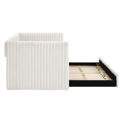 US Local Twin Size Daybed, Upholstered Sofa Bed,The Bottom Pulls Out To Form A Bed ,Striped Corduroy Fabric- Beige 86x43.5x34