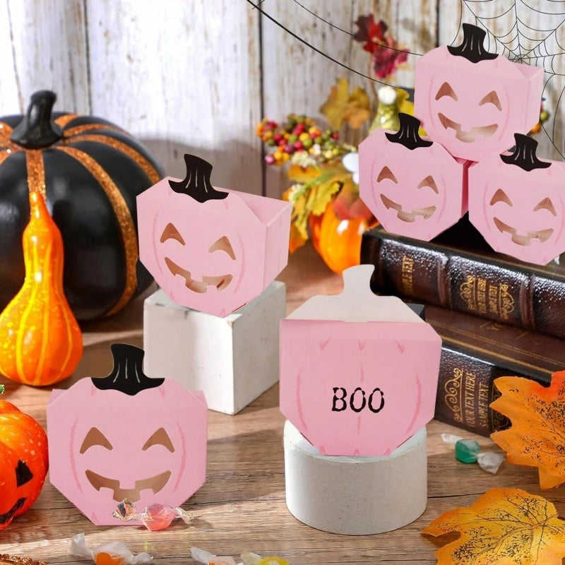 20 PcsPink Halloween Gift Boxes Pumpkin Shaped Treat Boxes Square Favor Wrapping Boxes Halloween Party Favor Supplies For Indoor Home Holiday Party Thanksgiving Decorations