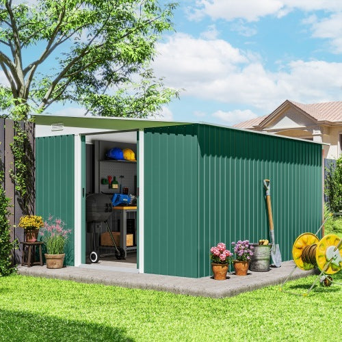 UK Local Outsunny Garden Metal Storage Shed Outdoor Metal Tool House With Double Sliding Doors And 2 Air Vents, 11.3x9.2ft, Green
