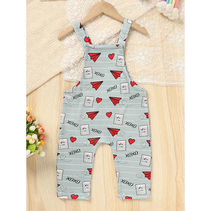 US Local Baby Boy Girl's Casual Heart Pattern Jumpsuit, Paper Airplane Heart Xoxo Trendy Overalls, Valentine's Day Coming Home Outfit