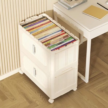 US Local Cream White 19.69 Side Wide Folding Storage Cabinet ,3 Tiers,19.69x11.81x31.1,Collapsible Storage Bins With Magnetic Door, Plastic Storage Cabinet With Wheels