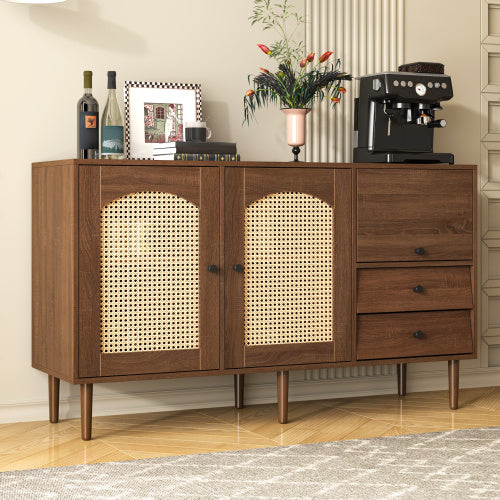 UK Local Country-Style Sideboard With Rattan Doors  130 X 75.5 X 40 Cm  Magnetic Closure, Adjustable Shelves, Sturdy Structure  Elegant And Versatile Design