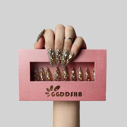 US Local GGddsha Full Diamond Medium Almond Press On NailsReusable PMMA Acrylic Handmade Nails Full Deluxe 3DCrystal Fake Nails W Box Gift For Women,Crown Jewel