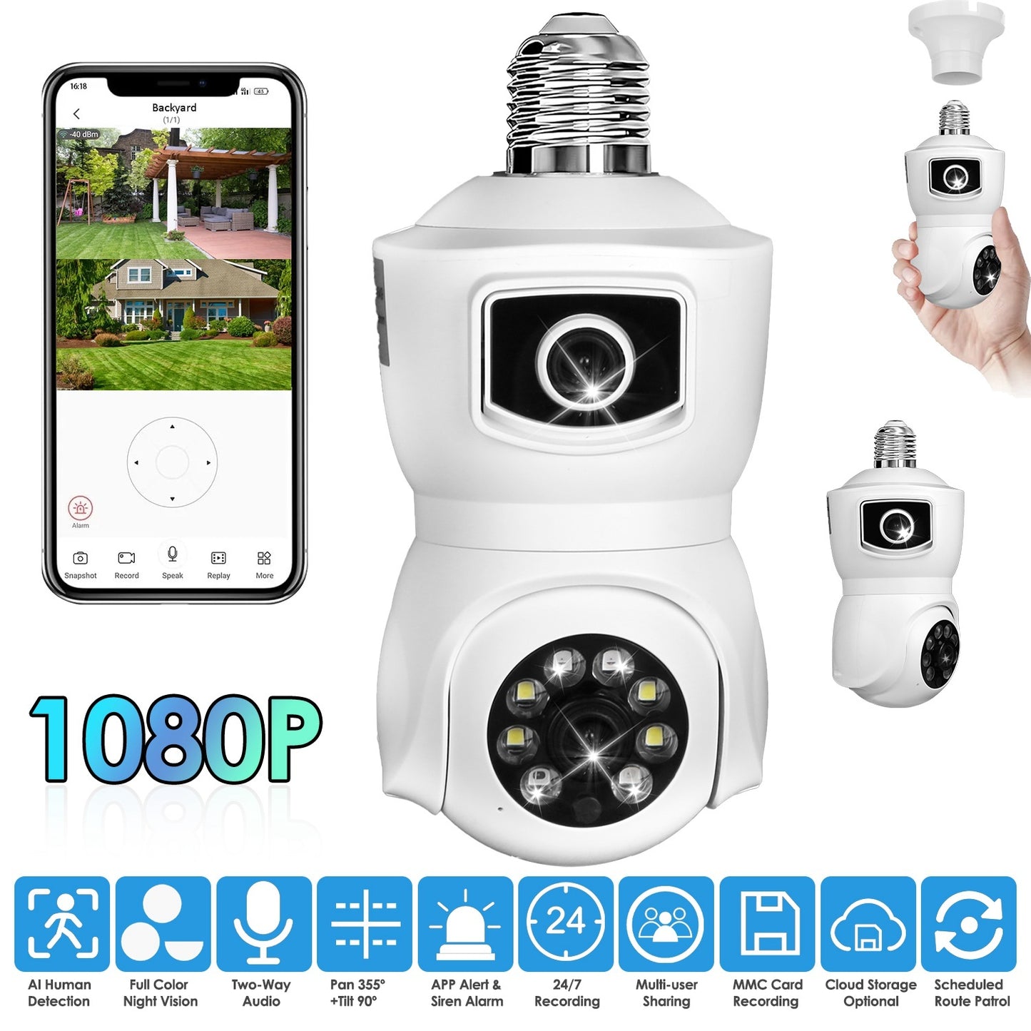 US Local 1 Pc Dual Lens Security Camera E27 Light Socket Surveillance Camera 1080P WiFi IP Camera With APP Control AI Human Detection Full Color Night Vision Two-Way Audio