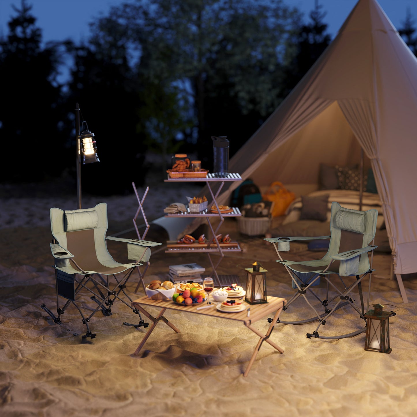 US Local Folding Rocking Camping Chairs, Portable Chairs With Headrest, Cooler Bag, Cup Holder, Carry Bag, 2 Pack, Gray