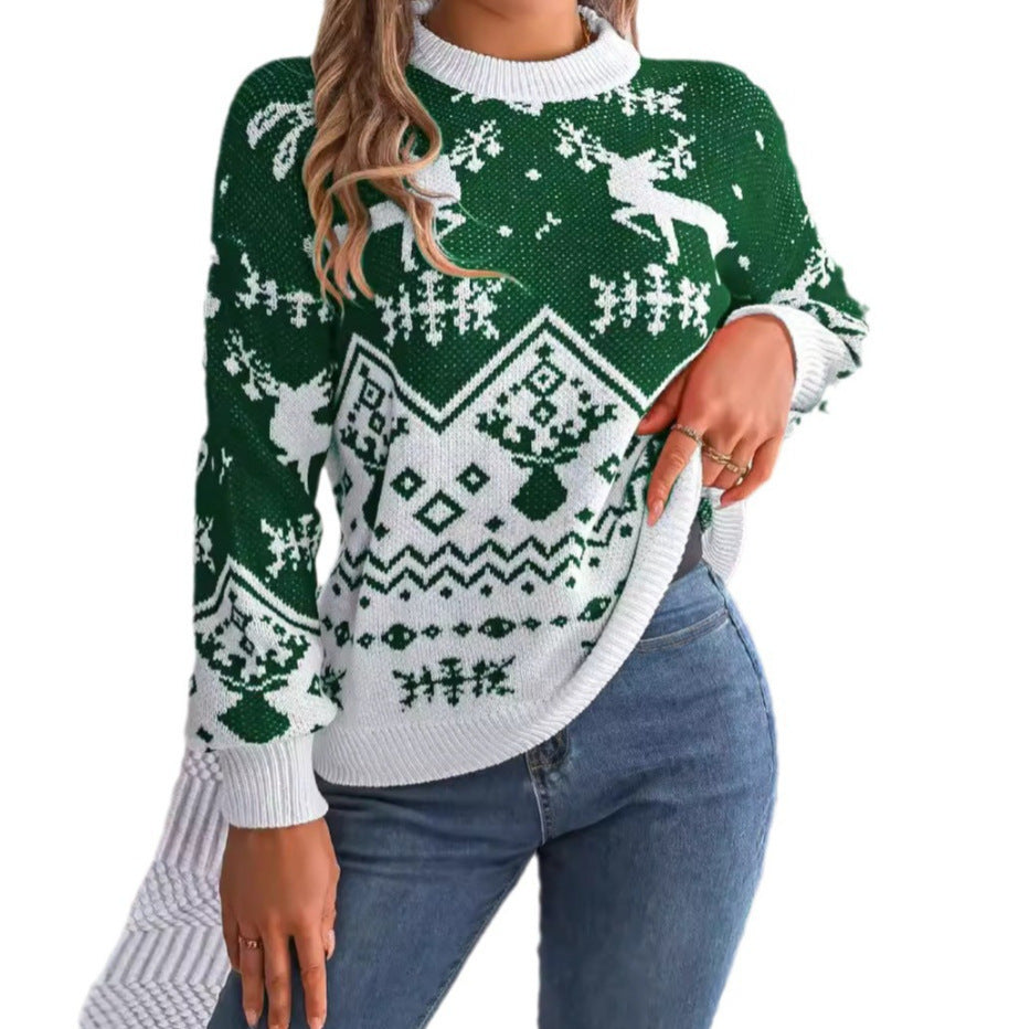 New Year Autumn Winter Casual Deer Pattern Long Sleeve Hoodie Sweater Christmas For Women Red Green Knitted Pullover Jumper