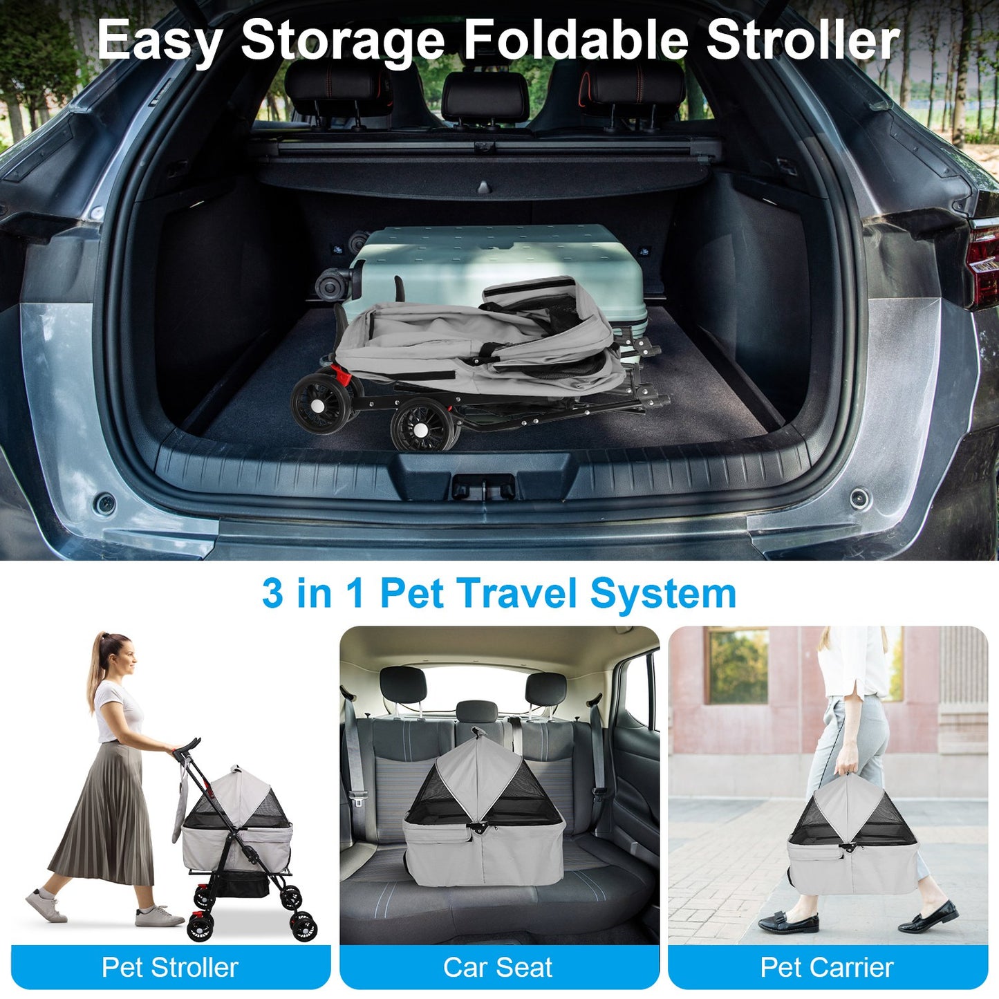 US Local 1Pc 4-Wheels Pet Stroller Foldable Carrier Strolling Cart Travel Jogger Pet Stroller With Removable Liner Storage Basket For Dog Cat