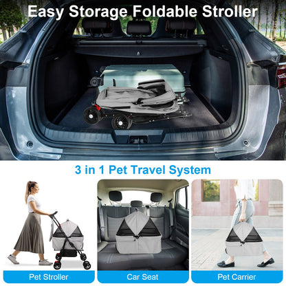 US Local 1Pc 4-Wheels Pet Stroller Foldable Carrier Strolling Cart Travel Jogger Pet Stroller With Removable Liner Storage Basket For Dog Cat