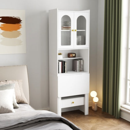 US Local Fold-Out Convertible Writing Table, Desk Cabinet With Shelf And Drawer Multi-Function Home Office Workstation