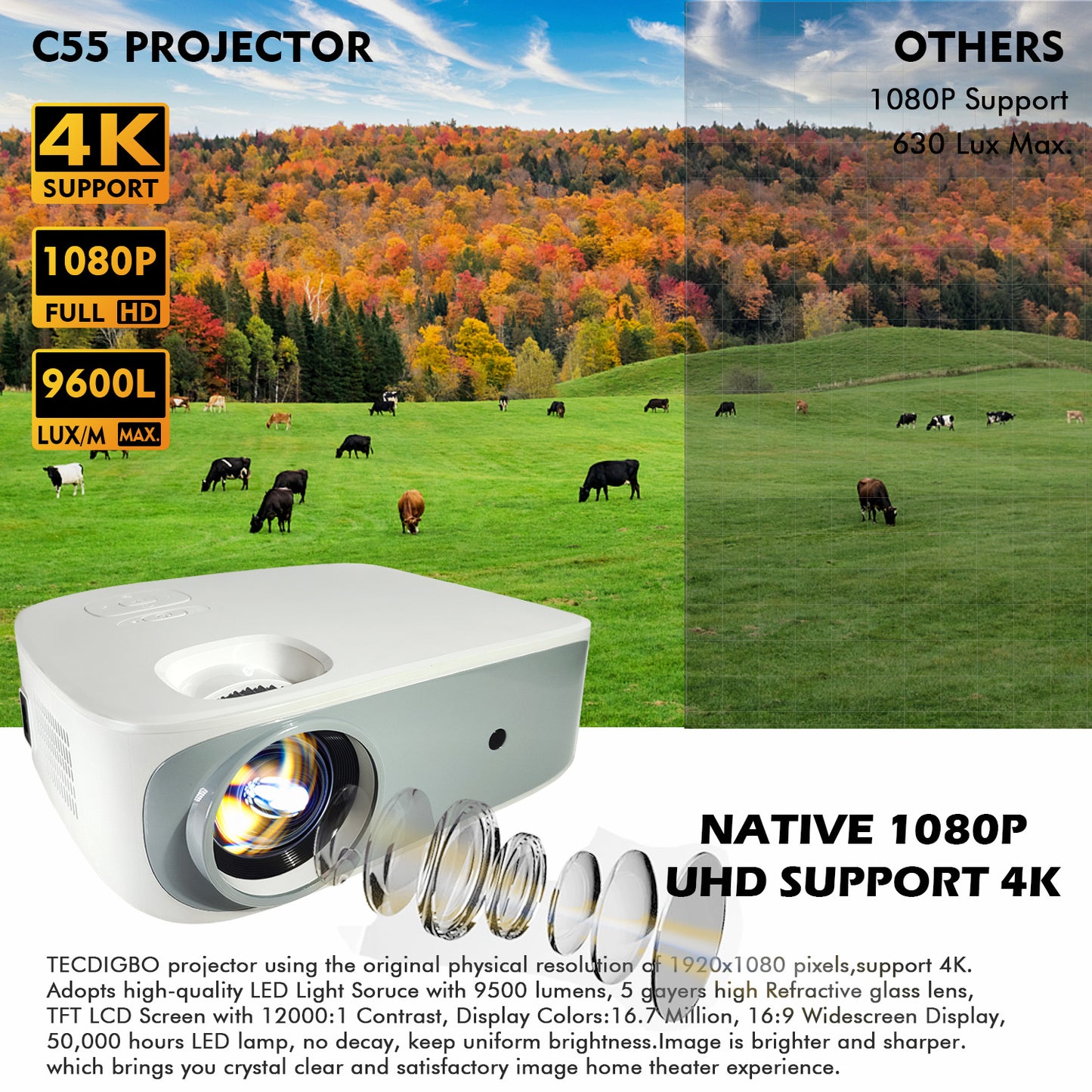US Local 4K True 1080P High-definition Projector C55 White US