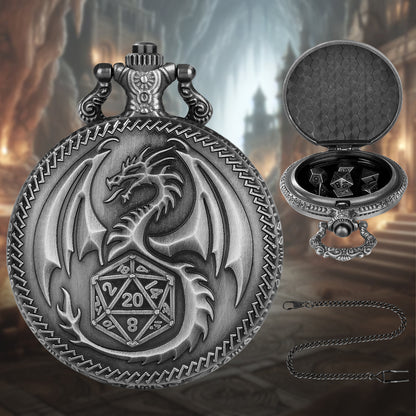 US Local Creative Thick Chain Pocket Watch Set, Equipped With 7 Mini DND Game Polyhedral Metal Dice Tabletop Role-playing Game Dice, Enhancing RPG Gaming Experience And Providing Players With Unique Gifts