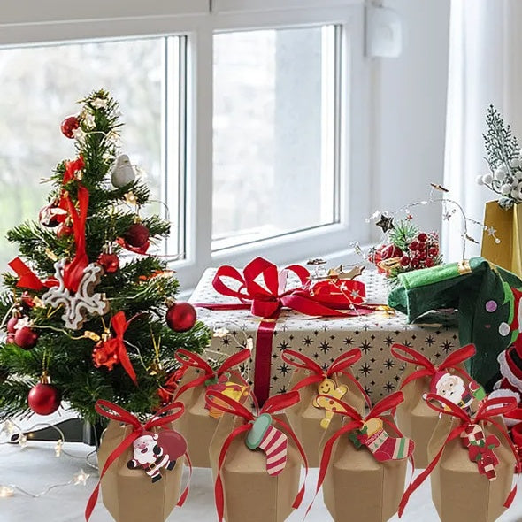 US Local 24 Pcs Christmas Gift Boxes With Ribbon And Cards Cartoon Santa Claus Reindeer Snowman Pattern Box Paper Cookies Candy Treat Boxes For Christmas Party Favor Supplies