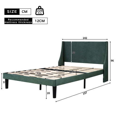 UK Local Double Bed Velvet Dark Green 4FT6 Upholstered Bed With Winged Headboard, Wood Slat Support
