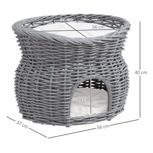 UK Local PawHut 2-Tier Wicker Cat House Elevated Pet Bed Basket Willow Kitten Tower Pet Den. With Washable Cushions 56x37x40cm Grey