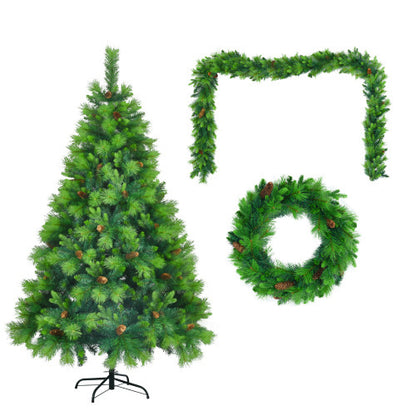 US Local 6FT Grass Green Christmas Tree, Large Branches Pine Tree, Pre-Lit Set With Tree  Garland & Wreath, Artificial Christmas With Pine Cones, Hinged Xmas Tree , For Holiday Party Ofiice Home