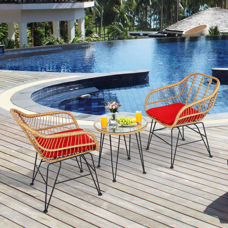 US Local 3 Pieces Rattan Furniture Set With Cushioned Chair Table