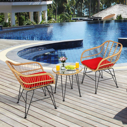 US Local 3 Pieces Rattan Furniture Set With Cushioned Chair Table
