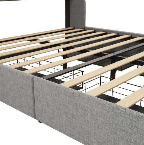 US Local Queen Size Bed Frame With LED, 4 Under-bed Portable Storage Drawers, Wings Headboard Design