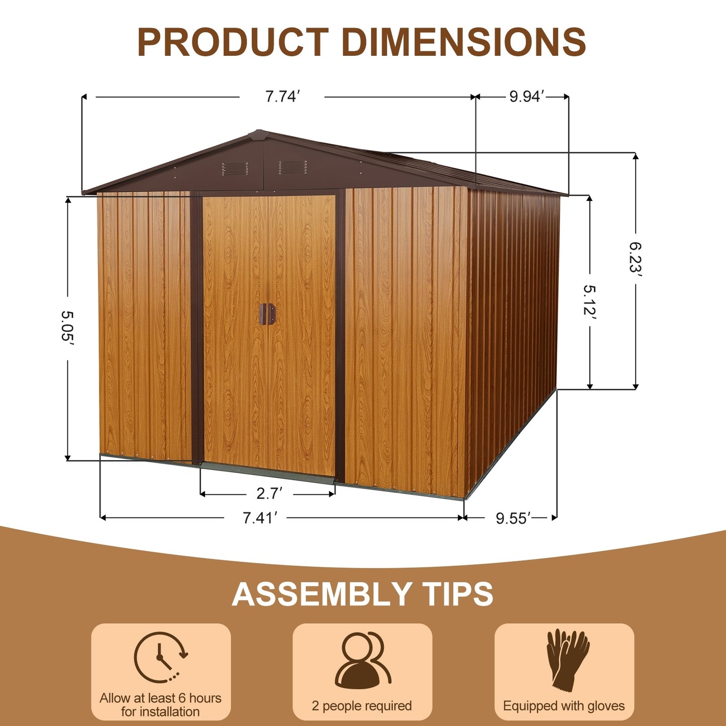 US Local 10ft X 8ft Outdoor Metal Storage Shed With Metal Floor Base,Coffee