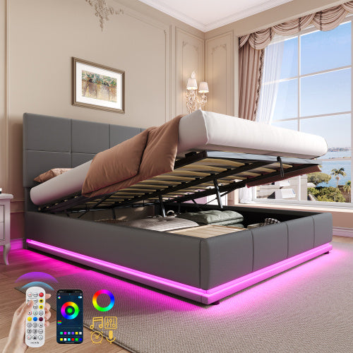 UK Local Ottoman Double Bed With LED Lighting, PU Leather Upholstered Bed With Hydraulic Storage, 4ft6 Double Bed Frame With Adjustable Square Tufted Headboard, Grey