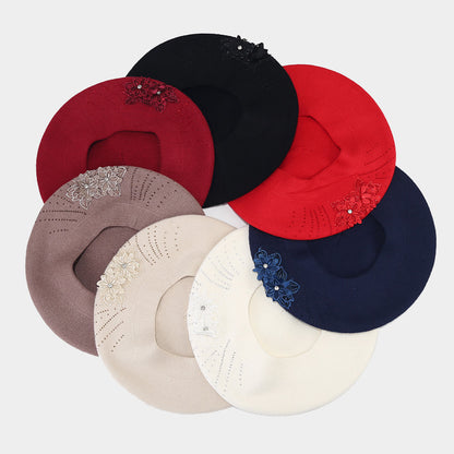 British Retro Beret Women's Fashion Flower Rhinestone Knitted Painting