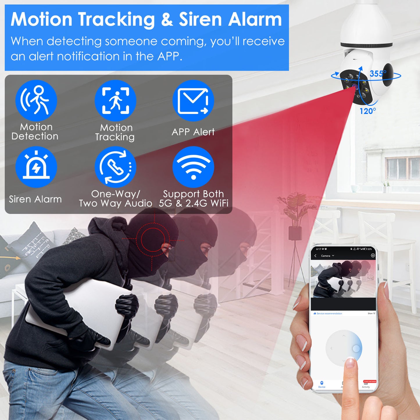 US Local 1 Pc E27 WiFi Bulb Camera 1080P FHD WiFi IP Pan Tilt Security Surveillance Camera With Two-Way Audio Full Color Night Vision Flood Light Motion Tracking Siren Function APP Control