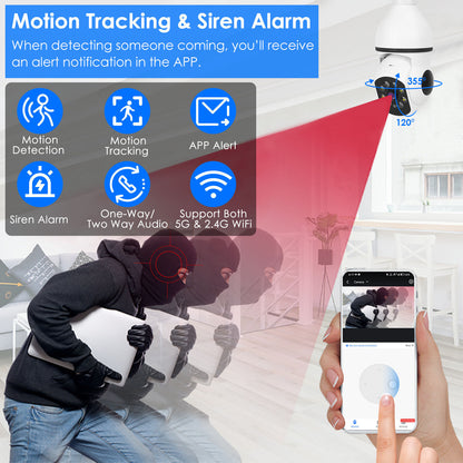 US Local 1 Pc E27 WiFi Bulb Camera 1080P FHD WiFi IP Pan Tilt Security Surveillance Camera With Two-Way Audio Full Color Night Vision Flood Light Motion Tracking Siren Function APP Control