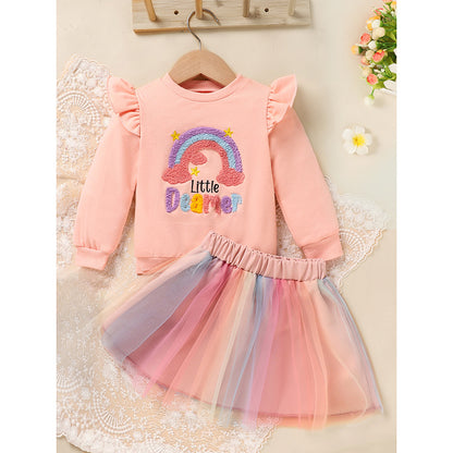 US Local Baby Girls Rainbow Skirt Set Letters Embroidery Long Sleeve Sweatshirt Tops & Rainbow Tutu Skirt Outfits