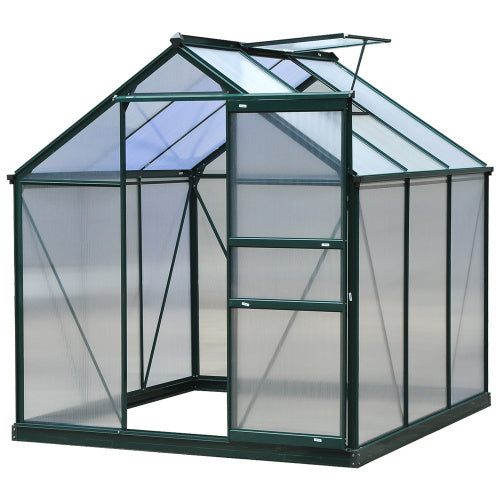 UK Local Outsunny 6 X 6ft Polycarbonate Greenhouse, Large Walk-In Green House With Slide Door And Window, Garden Plants Grow House With Aluminium Frame And Foundation, Dark Green