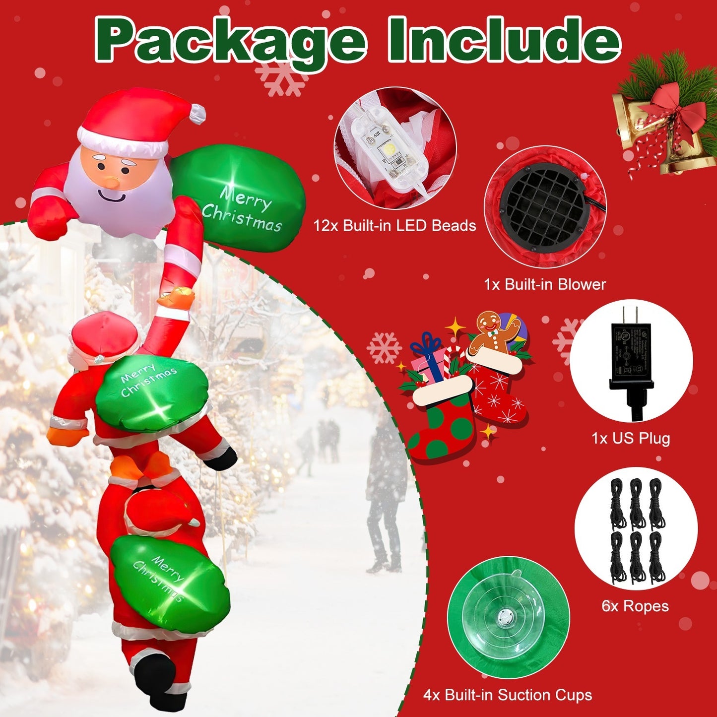 US Local 1 Pc 8FT Climbing Inflatable Santa Claus With Light Hanging Blow Up Christmas Inflatable Indoor Outdoor Christmas Decorations 3 Santa Claus 3 Merry Christmas Boards