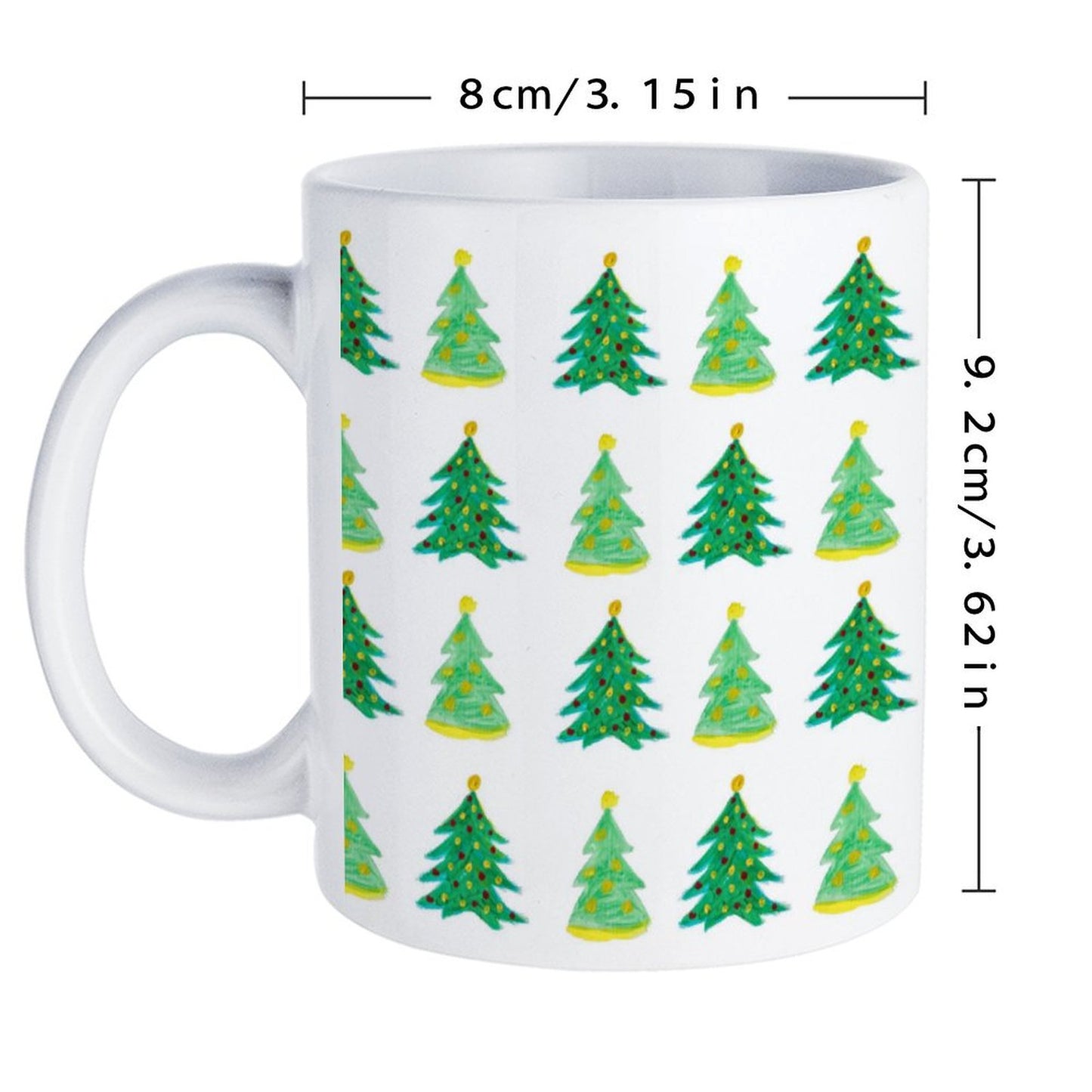 POD US Local White mug with full print, Christmas Tree, Hand Painted, Green 0009