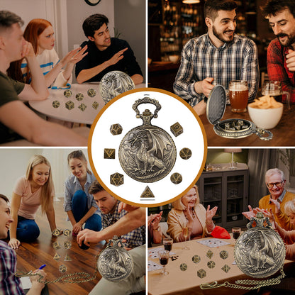 US Local Dice Set With 3D Carved Pocket Watch, Equipped With 7-piece Polyhedral Metal Dice, Role-playing Game Accessories, Men's And Women's Birthday Gifts, Christmas Gifts, Family Gathering Tabletop Games