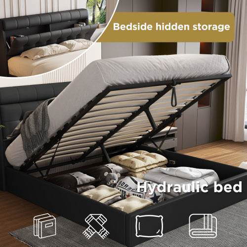 UK Local Fashion Upholstered Bed,135x190 4ft6, Double Bed,Hydraulic Bed,Concealed Headboard Storage,Bed Box Storage,PU,With Slats And Headboard,Without Mattress,Cream White