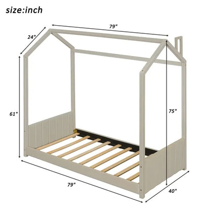 US Local Twin Size Velvet House Bed Wood Bed, Beige