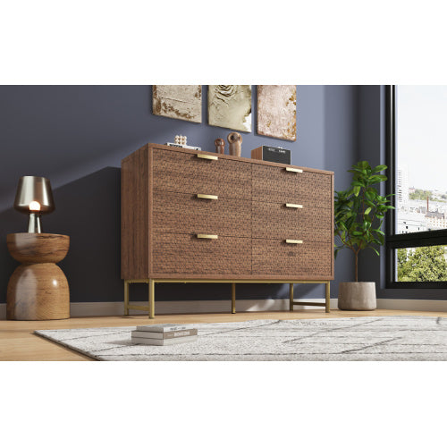UK Local Embossed Design Sideboard Cabinet Dresser With 6 Drawers, Anti-tip, Sideboard For Living Room, Hallway, Bedroom, And Children's Room, 120 X 40 X 75 Cm, Walnut
