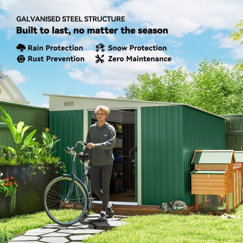 UK Local Outsunny Garden Metal Storage Shed Outdoor Metal Tool House With Double Sliding Doors And 2 Air Vents, 11.3x9.2ft, Green