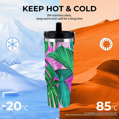 POD US Local Tumbler 30oz Large Capacity Car Cup Tropical, Monstera, Pink Background Style