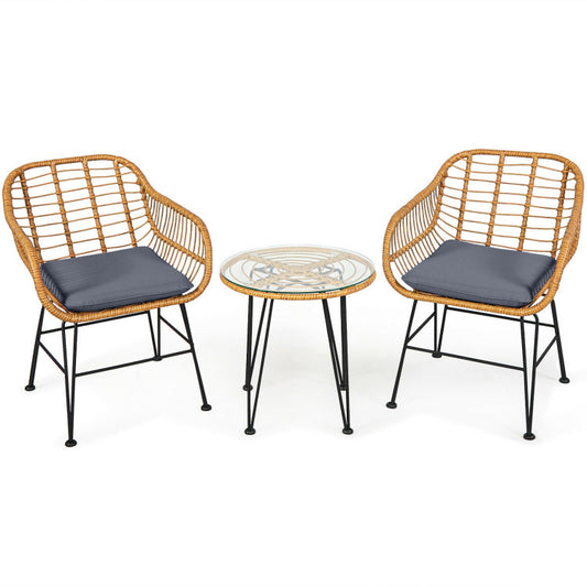 US Local 3 Pieces Rattan Furniture Set With Cushioned Chair Table